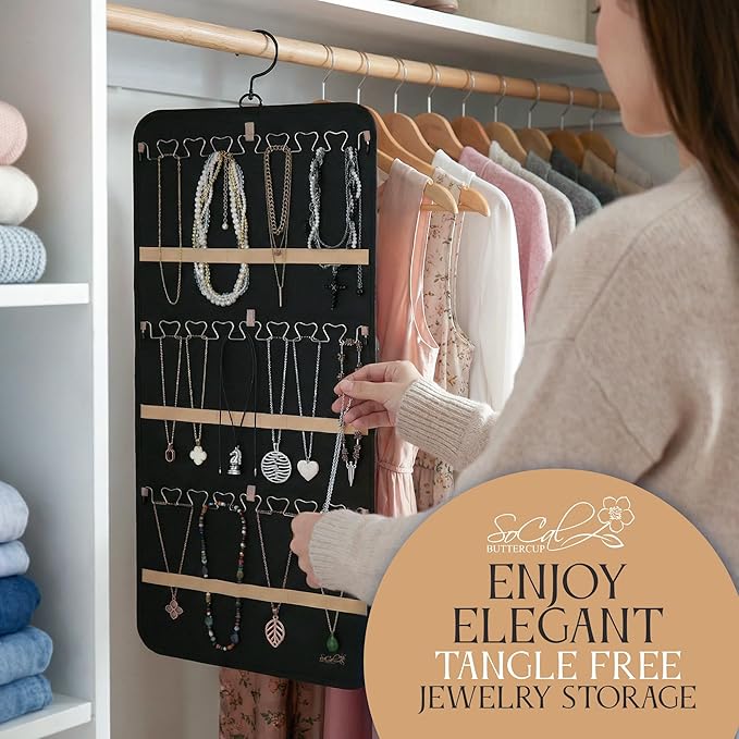 Hanging Jewelry Organizer Storage with Hanger Metal Hooks Double-Sided Jewelry Holder- Wall Mount Holder for Earrings, Necklaces, Rings on Closet, Wall, Door, 1 piece, Large, Charcoal Black