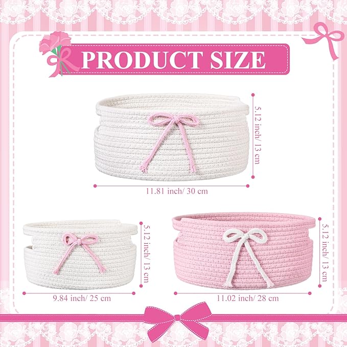 Breling 3 Pieces Pink Bow Baskets Coquette Bow Cotton Rope Storage Basket Pink Woven Gift Baskets Laundry Hamper Rope Bin with Handles for Decoration Organization Storage for Nursery, Pet Toy Basket