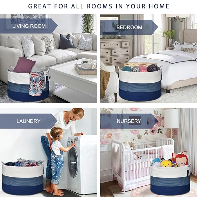 COMSE Extra Large Blanket Basket, Woven Laundry Basket, 21.7âx 13.8â, Nursery Hamper, Cotton Rope Laundry Hamper Living Room for Storage Toys Clothes Towels (White & Cadet Blue & Navy Blue)