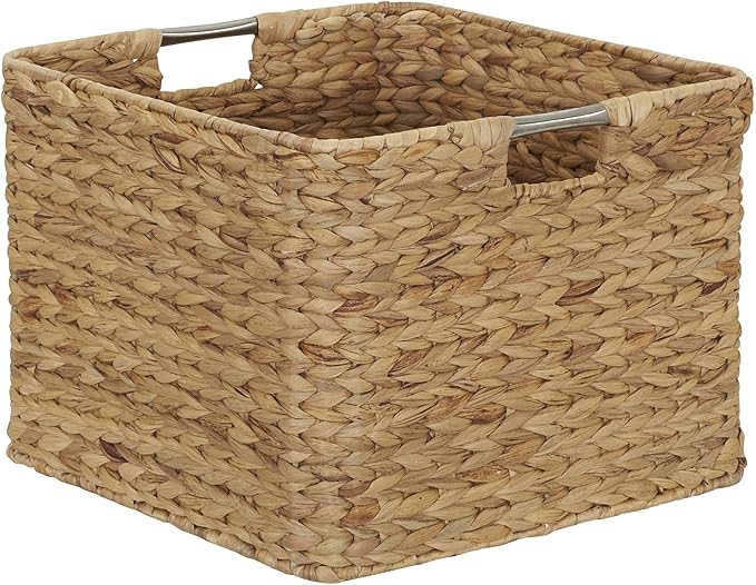 Household Essentials Woven Wicker Open Storage Basket with Stainless Steel Handle, Brown