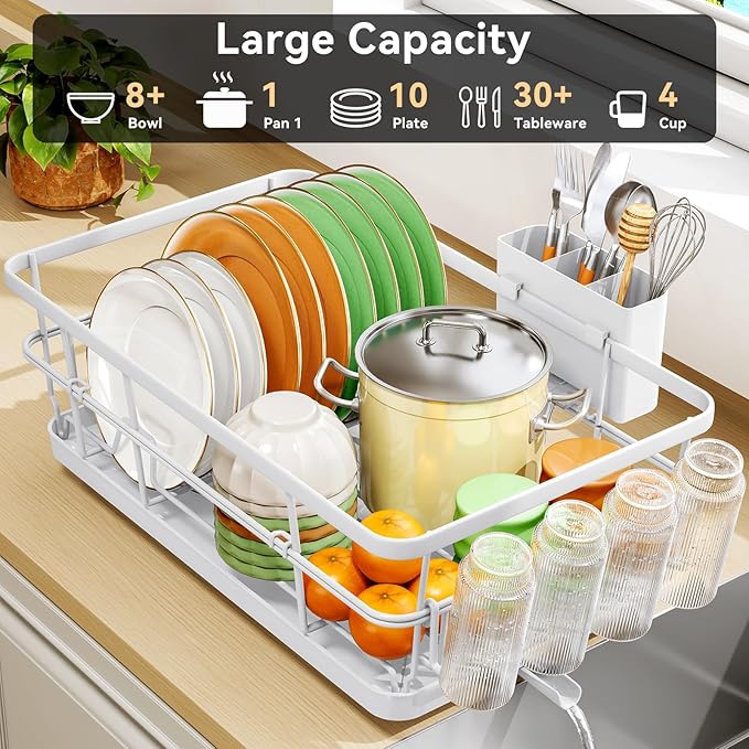 TOOLF Dish Drying Rack, Dish Racks for Kitchen Counter, Stainless Steel Sink Organization and Storage Essentials with Cutlery Holder, Dish Drainer, Home and Appartment Decor, 12.4''W x 16.5''L, White