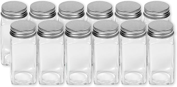 Simple Houseware Spice Jars 4 Ounce Square Glass Bottles with Shaker Lids, Funnel and Labels for Seasoning & Storage, 12 Pack