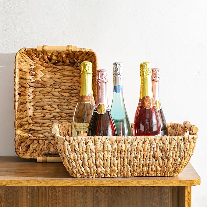 Woven Storage Baskets â Set of 2 Handwoven Water Hyacinth Wicker Baskets with Wooden Handles for Organizing, Decorative Baskets for Laundry Room, Home Decor - Large & Medium