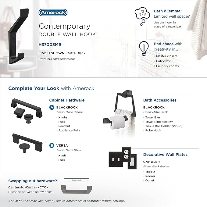 Amerock H37003MB | Emerge Double Prong Decorative Wall Hook | Matte Black Hook for Coats, Hats, Backpacks, Bags | Hooks for Bathroom, Bedroom, Closet, Entryway, Laundry Room, Office