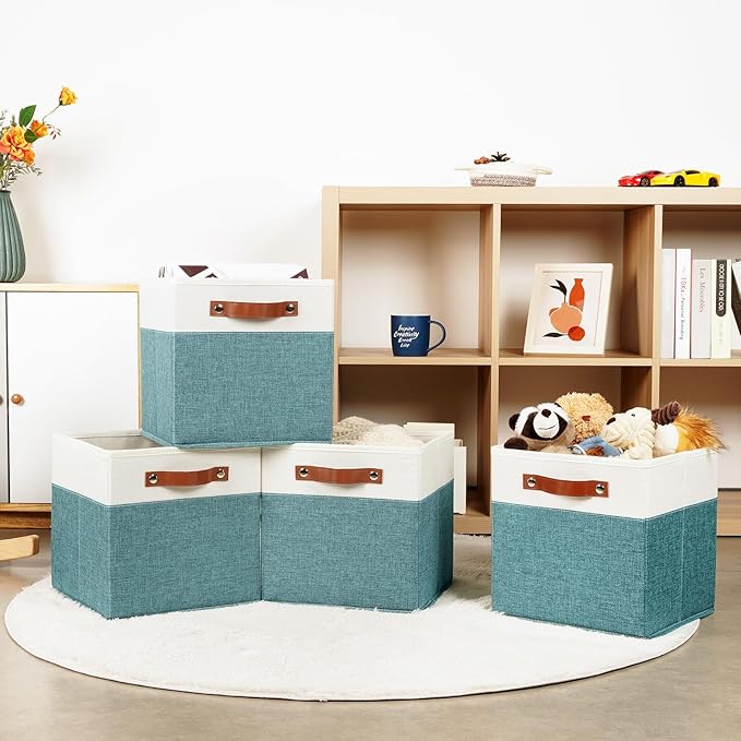 HNZIGE Storage Organizer Bins Fabric Cubes for Cube Organizer Bins for Organizing 11 Cube Storage Bin, Collapsible Storage Bins with Handles,Foldable Storage Cubes(White&Dark Green)