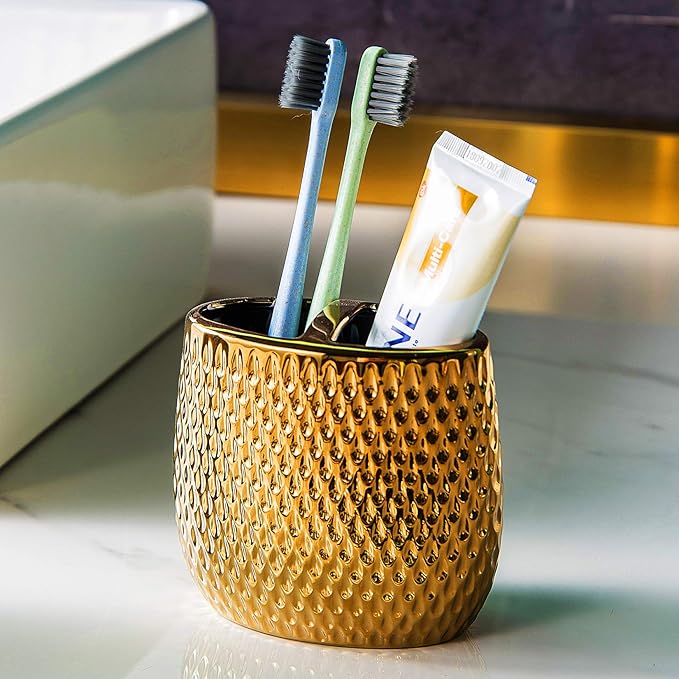 Gold Bathroom Accessory Set 4 Piece Ceramic Bath Accessories Sets Complete, Rain- Drop Shaped Bathroom Essential with Toothbrush Holder & Dish, Tumbler, Soap Dispenser Set for Bath Decor