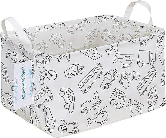 LANGYASHAN Rectangular Storage Bin Collapse Canvas Fabric Cartoon Storage Basket with Handles for Organizing Home Kitchen Boys and Girls Toys Office Closet Shelf Baskets (Rec Vehicle)