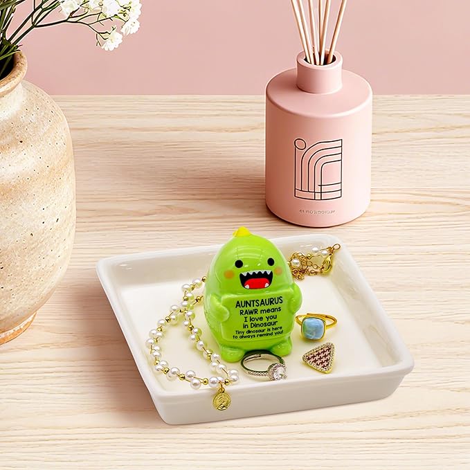 PUDDING CABIN Auntsaurus Dinosaur Ceramic Ring Holder, Jewelry Trinket Tray for Vanity, Gift for Aunt from Niece Nephew, Mothers Day Birthday Christmas Gift for Auntie
