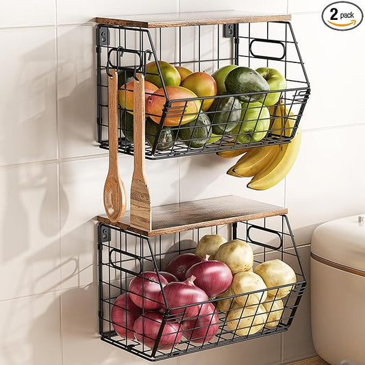 Delamu Stackable Metal Fruit Basket with Wood Lid 2 Pack, Hanging Wall Organizer for Kitchen Counter, Pantry Storage for Onions, Potatoes, Garlic, Fruits, Spices, Black