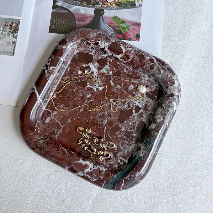 Marble Natural Square Bathroom Vanity Sundries Tray,Decorative Storage Circular Edge Tray Home Decoration (Rosa Levanto)