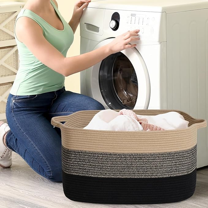 Large Blanket Basket, 60L Storage Baskets for Organizing, Woven Laundry Basket for Blankets, Cotton rope Blanket Storage for Living Room, Nursery Room, 19.7"L x 15.74"W x 11.8"H, Brown & Black