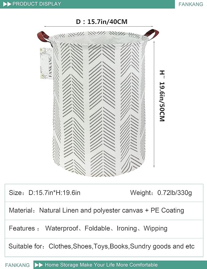 FANKANG Storage Basket, Nursery Hamper Canvas Laundry Basket Foldable with Waterproof PE Coating Large Storage Baskets for Kids Boys and Girls, Office, Bedroom, Clothes,Toysï¼Grey arrowheadï¼