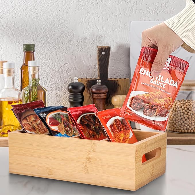 BSTKEY Seasoning Packet Organizer, Food Storage Organizer with 4 Removable Dividers, Bamboo Storage Caddy for Pantry Kitchen Cabinet, Kitchen Organization Bin with Handle for Snacks Spice Packets