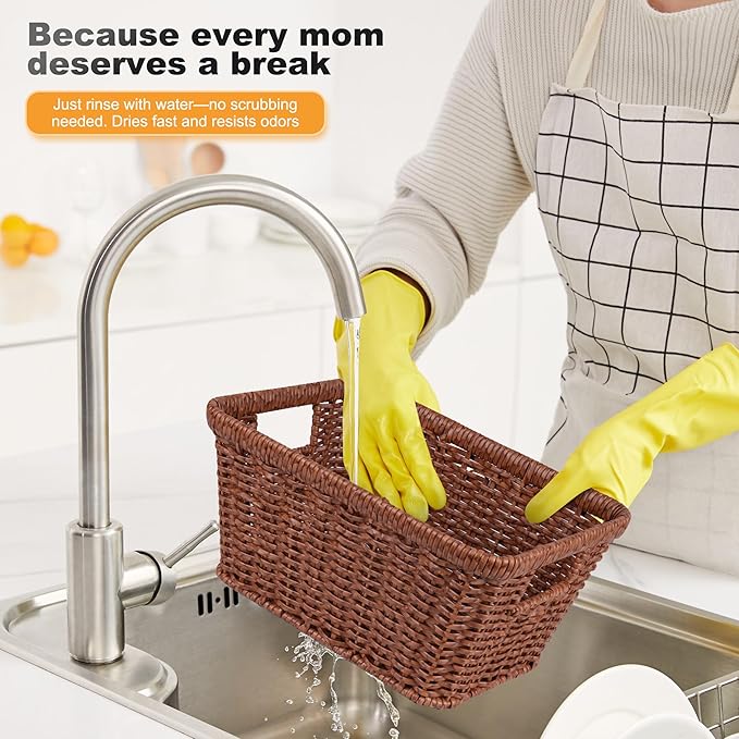 Wicker Basket for Shelves,Waterproof Woven Basket for Pantry,Storage Basket with Built-in Handles,Brown,2-Pack