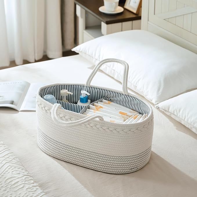luxury little Diaper Caddy Organizer, Large Cotton Rope Nursery Baby Basket, Changing Table Organizer for Baby Diaper Storage, Portable Car Organizer Removable Divider (Off White, Extra Large)