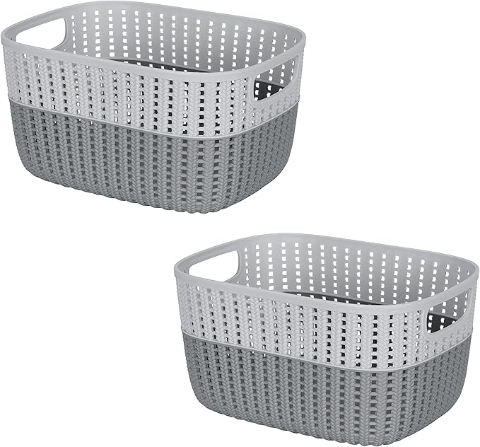 Simplify 2 Pack 2 Tone Sailor Knot Plastic Storage Tote | Decorative Basket | Closet Organization | De-clutter | Accessories | Toys | Bathroom Organization | Medium | Grey/Grey