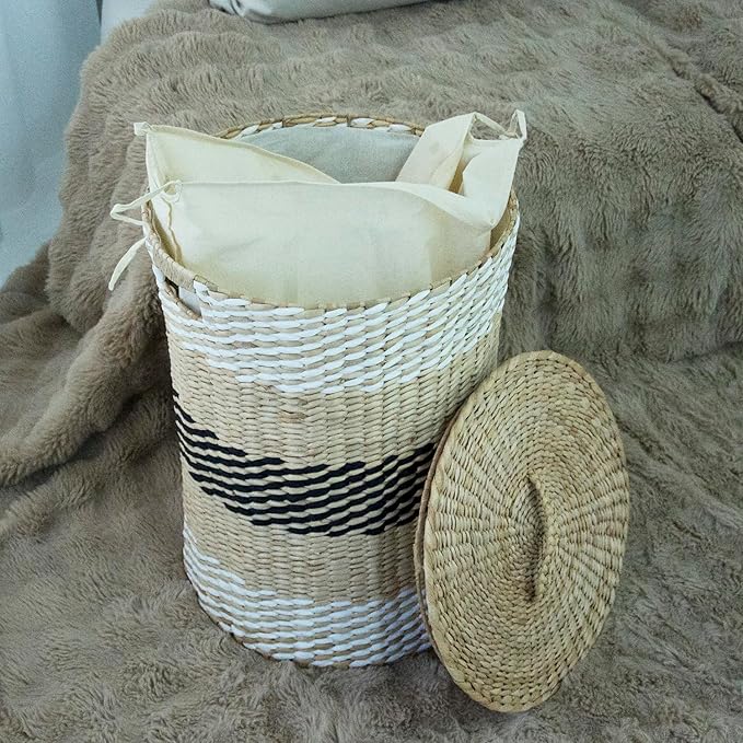 Hand-Woven Wicker Laundry Basket with Lid, 20 Gal (75 L) Large Laundry Hamper with Removable Liner for Laundry Room and Home Decor, Artisan Multicolor (21"H x 15.7"D)
