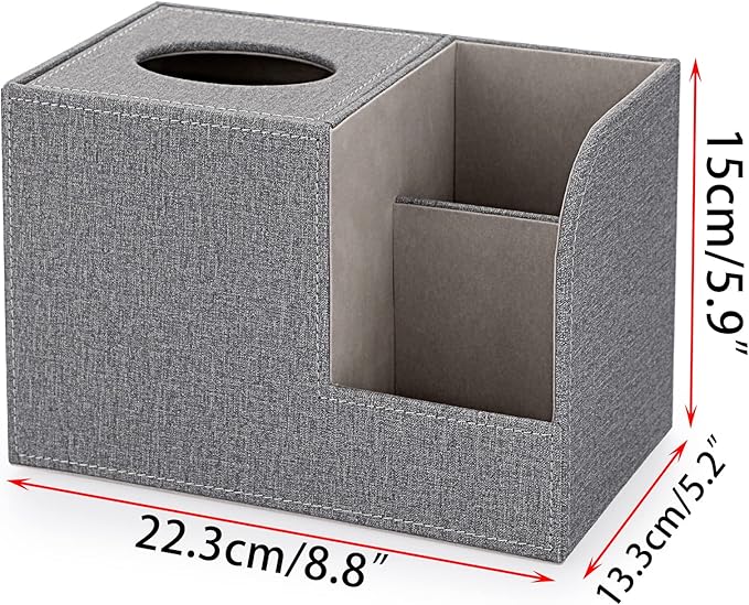 Sumnacon Square Linen Tissue Box Cover - Decorative Cube Tissue Box Holder with Side Organizer, Modern Tissue Box for Living Room Vanity Night Stand Table Countertop Office, Grey