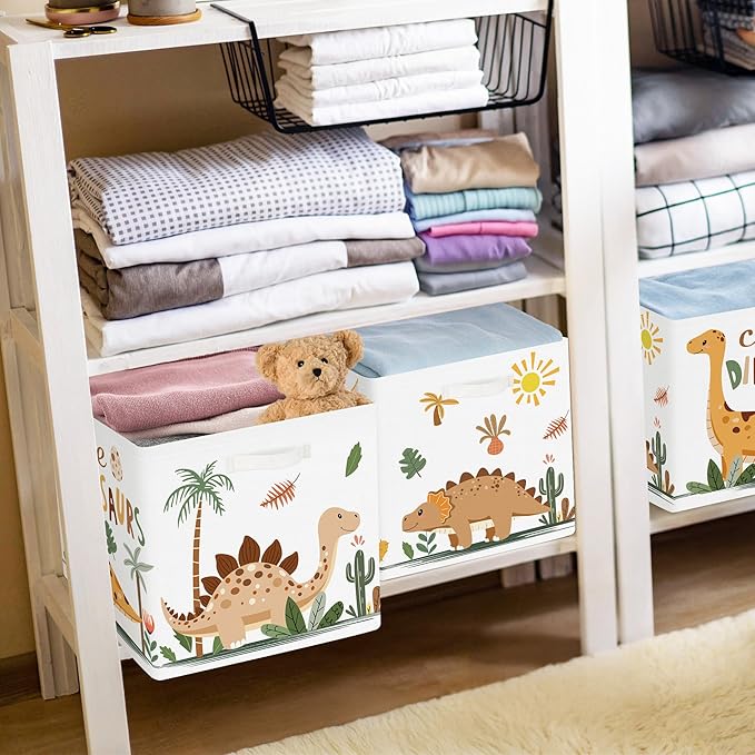 11.8" Boho Dinosaurs Cube Storage Organizer Set 3Pcs Palms Eggs Cube Storage Bin for Bathroom/Bedroom Kid Book Toy Chest, Cacti