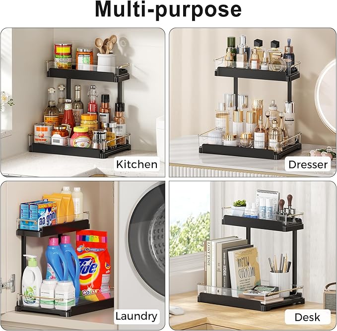 heart & home 2-Pack Under Sink Storage Organizer for Kitchen & Bathroom Cabinets with Removable Washable Tray, Tool-Free Assembly â Multi-Purpose for Vanity, Laundry & Countertop, Black