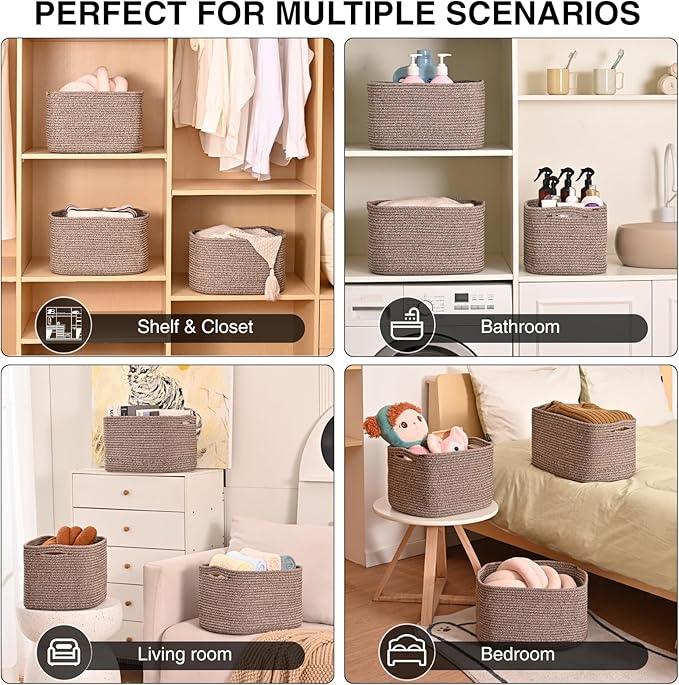 Storage Baskets for Organizing Shelves, Woven Cotton Rope Bins for Organization, Dog Toy Organizer for Shelf Living Room Bedroom, 14.8"×11"×9.5", Pack of 3, Dark Brown