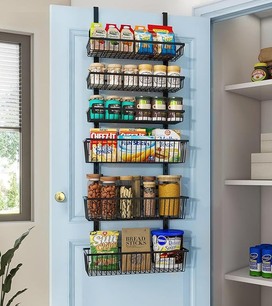 Over The Door Pantry Organizer, Pantry Organization and Storage, 6-Tier Deep Baskets Hanging Heavy-Duty Metal, Wall Spice Rack Seasoning Shelves for Home & Kitchen, Laundry Room Bathroom, Black