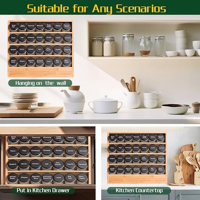 Bamboo Tiered Spice Rack Organizer for Cabinet,Wooden Seasoning Rack for Countertop, Cupboard, Pantry, Kitchen (Spice Jars Included)