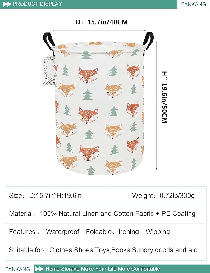 FANKANG Storage Basket, Nursery Hamper Canvas Laundry Basket Foldable with Waterproof PE Coating Large Storage Baskets for Kids Boys and Girls, Office, Bedroom, Clothes,Toysï¼Fox ï¼