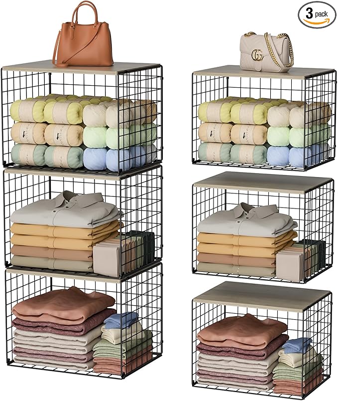 Extra-Long Closet Organizers and Storage with Top Board, 3 Pack Stackable Closet Shelf Organizer, Double Storage Design Clothes Storage Cube/Bin Organizer for Wardrobe,Space-Saving, Black,Sturdy,Metal