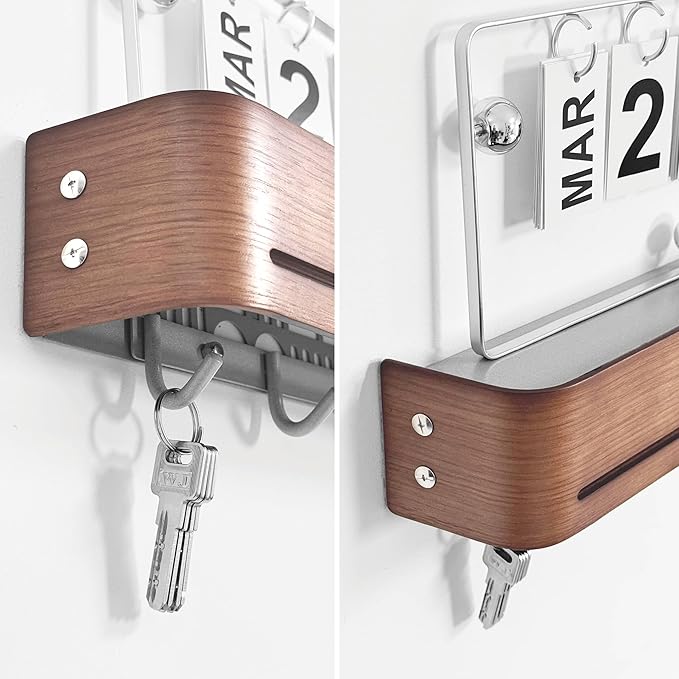 Modern Key Holder Wall Mount with 5 Retractable Hidden Hooks,Heavy Duty Coat Rack Wall Mount,Finland-Designed Entryway Organizer,17 inch,for Entryway, Living Room, Kitchen, Hallway,Oak,Walnut Finish