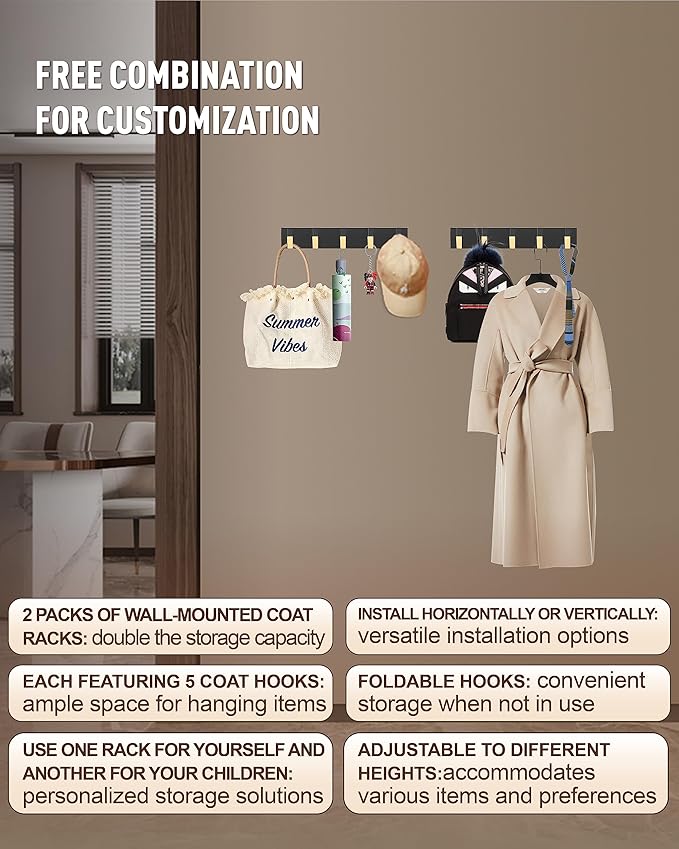 Waterproof Black Gold Wall Hooks - 2 Pack Modern Foldable Towel Hooks for Bathrooms, Coat Hooks Wall Mounted - Stylish, Durable, and Easy to Install