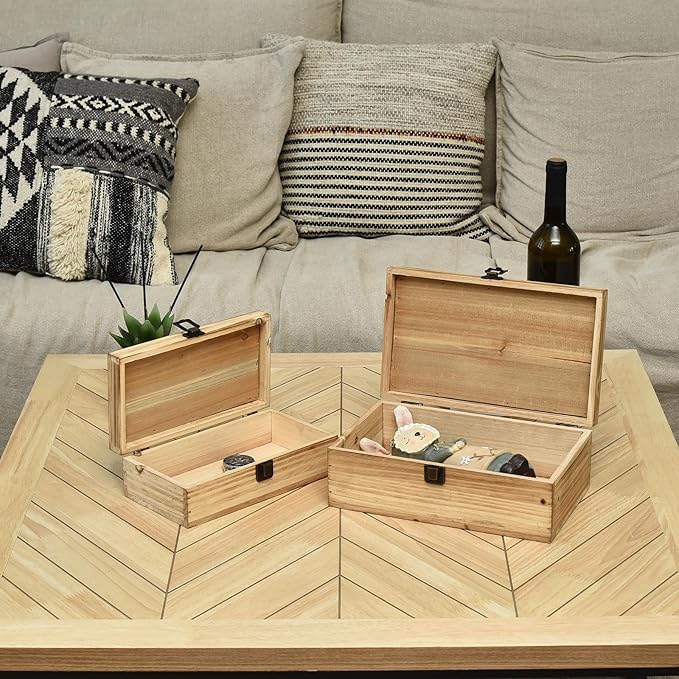 Decorative Storage Boxes with Hinged Lid, 2 Pcs Memory Box for Keepsakes, Wooden Treasure Chest Box, Large Vintage Craft Box Trunk Basket for Men, Kids, Jewelry, (Linen Lid, White)
