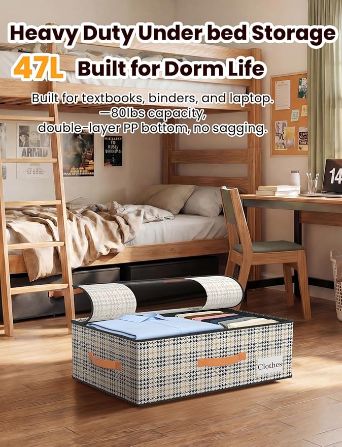 2-Pack Under Bed Storage Bins with Wheels and 4 Vacuum Seal Bags, Heavy Duty 80lbs Capacity,7.9 Inch Clear Lid Organizer for Dorm Bedroom Clothes Shoes Toys,Quick Assembly Space Saver Houndstooth