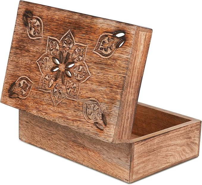 Mela Artisans Wooden Keepsake Box | Burnt Mango Wood Memory | Photo Storage Box with Hinged Lid | Decorative Storage Box | Large | 9x6x3.5 Inch