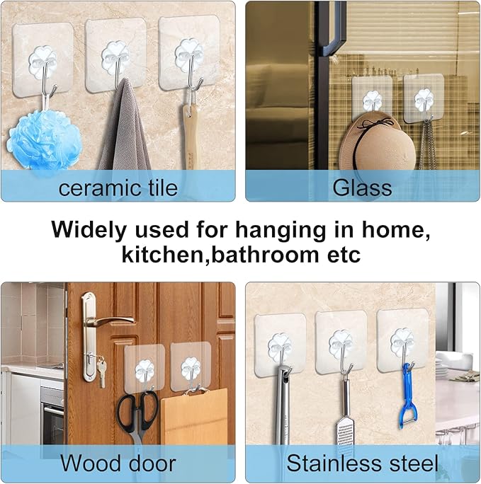 50 Packs Adhesive Hooks, Heavy Duty 22lb(Max) Wall Hooks for Hanging Key Cup Hat Coat Holder, Transparent Waterproof Sticky Hooks Wall Hangers for Kitchen Bathroom Shower Door Hanger Hooks