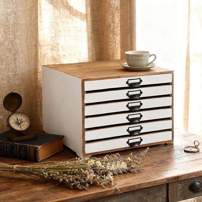 Vintage Wooden Storage Box Desktop Organizer Cabinet with 6 Drawers Rustic Farmhouse Distressed Decor Jewelry Cosmetics Craft Paper Small Tool Library Card Catalog Cabinet for Home Office Desk White