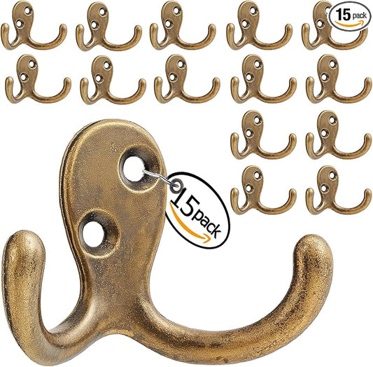 Coat Hooks Wall Hooks for Hanging - 15 Pack Bronze Double Prong Hook Wall Mounted - Great for Living Room, Bedroom, Entryway, Closet for Coat, Bag, Towel, Hat, Key, Cup, Heavy-Duty, Easy to Install
