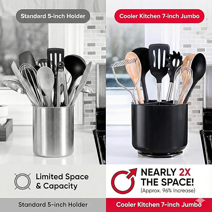 Cooler Kitchen Jumbo Extra Large Sturdy Rotating Black Utensil Holder Caddy with No-Tip Weighted Base, and Gripped Insert - Rust Proof and Dishwasher Safe Kitchen Utensils Holder