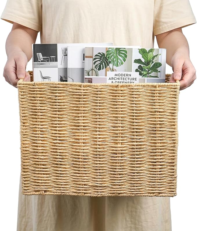 Woven Magazine Holder, Narrow Book Basket with Built-in Handles, Large 15'' x 6'' x 11'' File Storage Newspaper Organizer for Living Room, Bedroom, Office, Bathroom