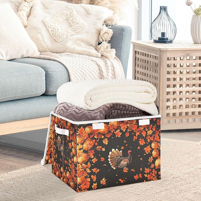 Collapsible Storage Bins with Lids Decorative Fabric Storage Cubes Closet Organizer and Storage Basket Boxes Containers for Clothes Box Chest Nursery Folding Rectangle Orange Maple Leaves Tha