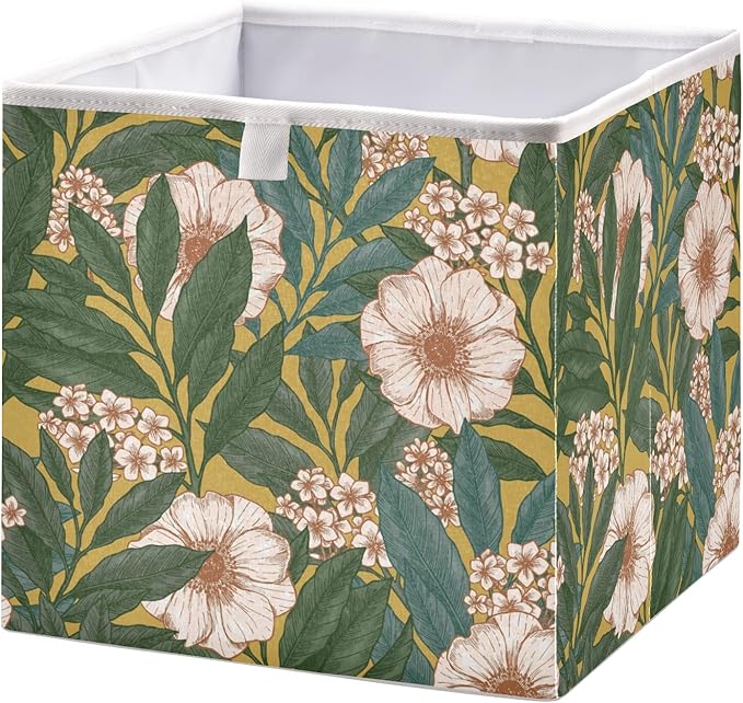 Blueangle Retro Floral Pattern Cube Storage Bin, 11 x 11 x 11 in, Large Collapsible Organizer Storage Basket for Home Décor