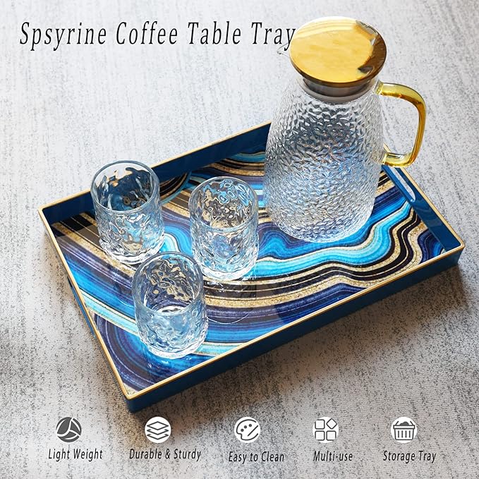 Spsyrine Decorative Tray, Plastic Rectangular Coffee Table Tray with Handles, Marble Serving Tray for Living Room, Ottoman, Bathroom Decor. 15.6â X 10.2".SLRE