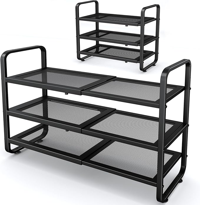 SNTD Shoe Rack - Expandable Shoe Organizer for Closet, Adjustable Metal Shoe Shelf Storage, Stackable Long Shoe Stand Holder for Garage, Entryway, Door Entrance (Black, 3-Tier)
