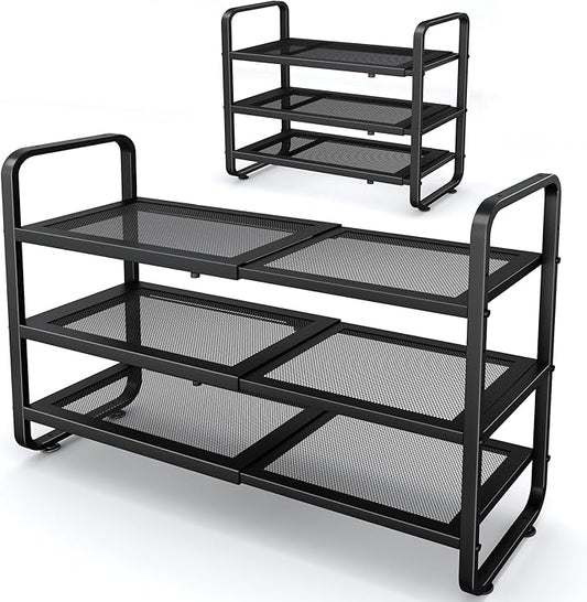 SNTD Shoe Rack - Expandable Shoe Organizer for Closet, Adjustable Metal Shoe Shelf Storage, Stackable Long Shoe Stand Holder for Garage, Entryway, Door Entrance (Black, 3-Tier)