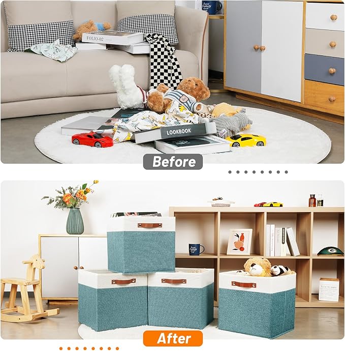 HNZIGE 13x13x13 Storage Cube Bins,4 PCS Fabric Storage Cube Bins for Organizing, Foldable Cube Storage Bins with Handles, Closet Storage Bins for Organizer Home, Office(White&Dark Green)