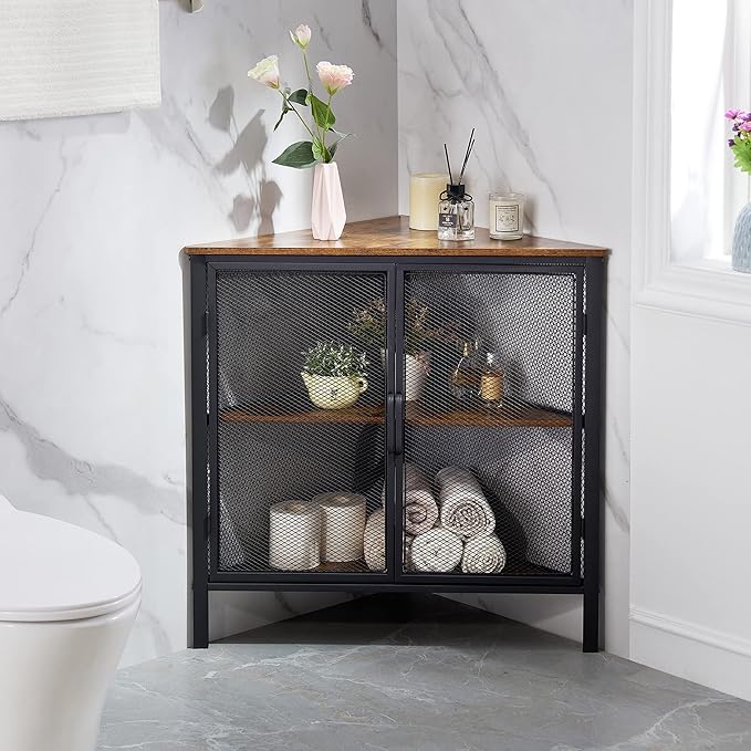VECELO Corner Cabinet with Two Doors and Shelves, Free-Standing Storage Organizer for Small Space in Living Room/Bedroom/Kitchen, Brown and Black