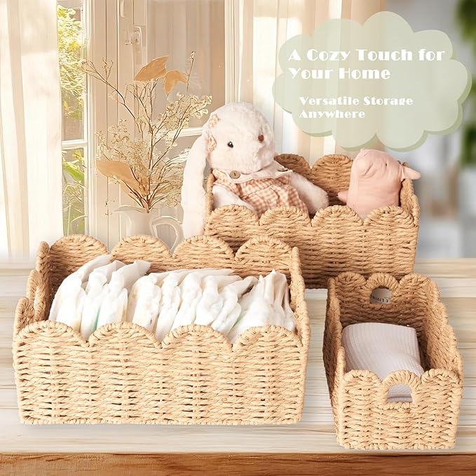 Scalloped Wicker Baskets, Set of 3 Hand-Woven Storage Baskets with Handles - Paper Rope Shelf Organizers & Decorative Baskets for Shelves, Closet, Bathroom (Tanï¼
