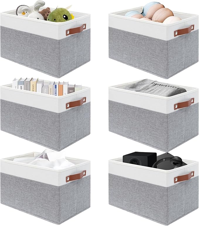 SNWDN 6 Pack Fabric Storage Baskets for Organizing Collapsible Fabric Storage Bins with Handles for Home organization and storage (White/Grey 15''Lx13''Wx13''H)