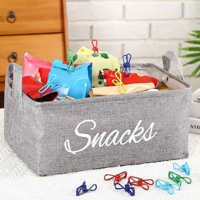 17 Pcs Snack Basket Sets, Snack Storage Bin for Pantry Shelves with 16 Pcs 2 Inch Chip Clips, Basket Organizer for Kitchen Home, Chips, Popcorn, Candy, Pretzels(Burlap,Grey)