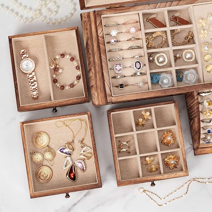 Jewelry Box Organizer, Solid Wood Jewelry Boxes for Women for Storage & Display Necklace Ring Earring Bracelet, Rustic Style Jewelry Organizer Box for Women Gifts (Carbonized Brown)